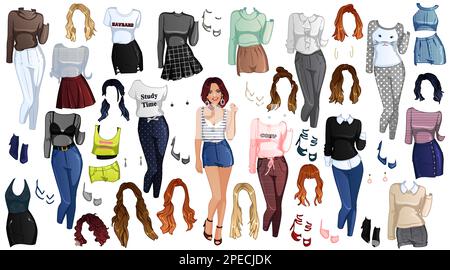 Cute Cartoon College Girl Paper Doll with Outfits, Hairstyles and Accessories. Vector Illustration Stock Vector