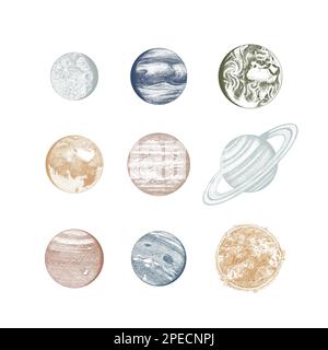 Planets in solar system. Moon and the sun, mercury and earth, mars and venus, jupiter or saturn and pluto. astronomical galaxy space. engraved hand Stock Vector