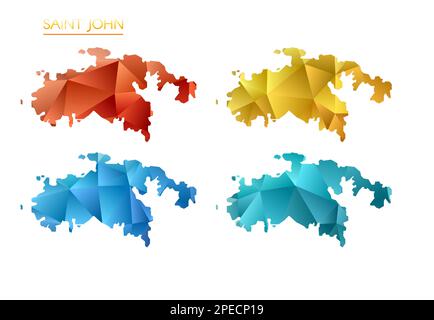 Set of vector polygonal maps of Saint John. Bright gradient map of island in low poly style. Multicolored Saint John map in geometric style for your i Stock Vector