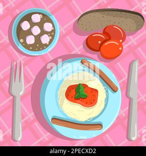 Pasta dinner with sauce, tomatoes and cocoa Stock Vector