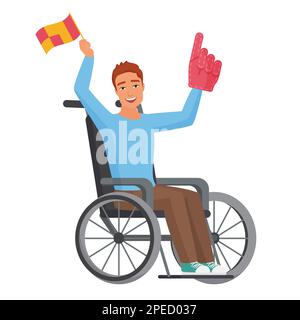 Excited disabled man holding flag. Happy man sitting in wheelchair vector cartoon illustration Stock Vector