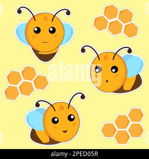 Funny bees with honeycombs on a yellow background. The bees have different emotions and different angles Stock Vector