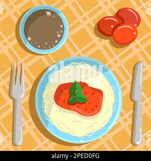 Pasta dinner with sauce, tomatoes and cocoa Stock Vector