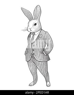 Portrait of a rabbit hare in a suit with a bow tie and a top hat on his ...