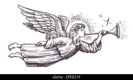 Christmas Angel flying and trumpet on pipe. Religious holiday. Hand drawn vector illustration in vintage engraving style Stock Vector
