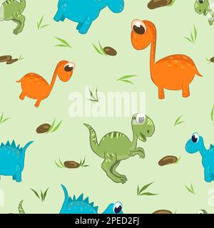 Multicolored dinosaur cartoon pattern in the sand with rocks on a light green background. Vector. Stock Vector