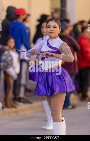 Matamoros, Tamaulipas, Mexico - November 26, 2022: The Desfile del 20 de Noviembre, cheerleader team performing at the parade Stock Photo