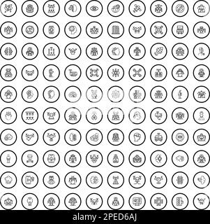 100 robot icons set. Outline illustration of 100 robot icons vector set isolated on white background Stock Vector
