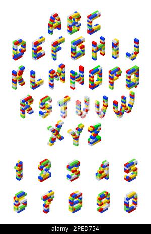 Colored alphabet in isometry with numbers. Vector clipart Stock Vector