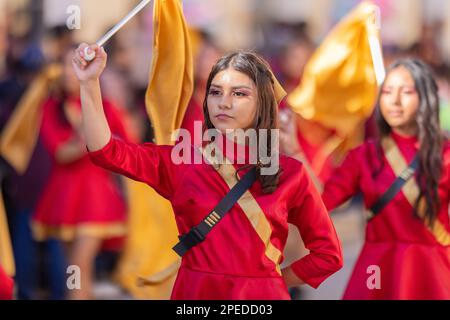 Matamoros, Tamaulipas, Mexico - November 26, 2022: The Desfile del 20 de Noviembre, cheerleader team performing at the parade Stock Photo