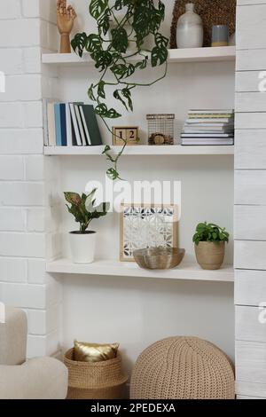 Beautiful green plants and different decor on shelves indoors. Interior design Stock Photo