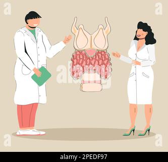 Hypothyroidism concept vector doodle style. Endocrinologists diagnose and treat human thyroid gland. Specialists make blood test on hormones. Medicine Stock Vector