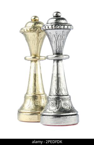 Silver and golden queens on white background. Chess pieces Stock Photo