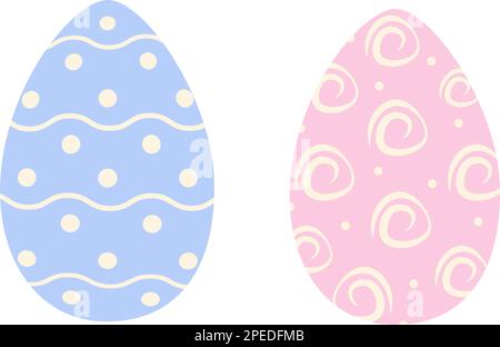 Set of two Easter eggs in trendy pink and blue with abstract pattern of wavy lines, dots and roses. Happy Easter. Sticker. Icon. Isolate. Design for poster, banner, brochure or greeting, label. EPS Stock Vector