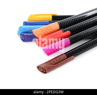 Many colorful markers on white background. School stationery Stock Photo