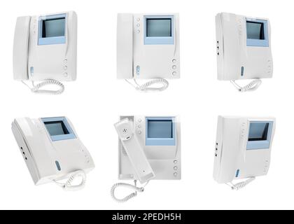 Intercom base stations with handsets on white background, collage Stock Photo