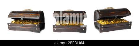 Set with treasure chests full of gold coins on white background. Banner design Stock Photo