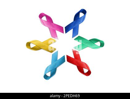 Set with different color ribbons on white background, top view. World Cancer Day Stock Photo