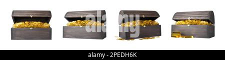 Set with treasure chests full of gold coins on white background. Banner design Stock Photo