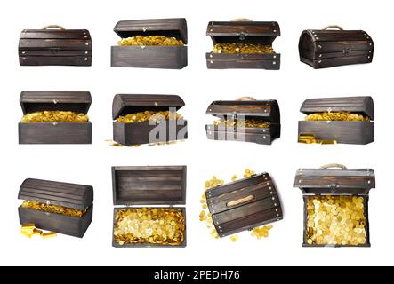 Set with treasure chests full of gold coins on white background Stock Photo