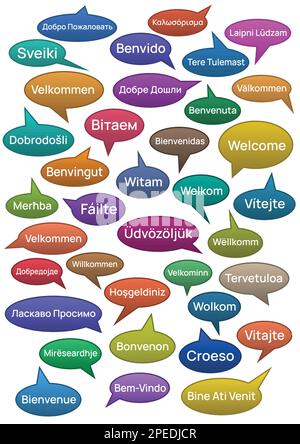 A4 page format vector illustration with the word Welcome in European languages isolated in a white background Stock Vector
