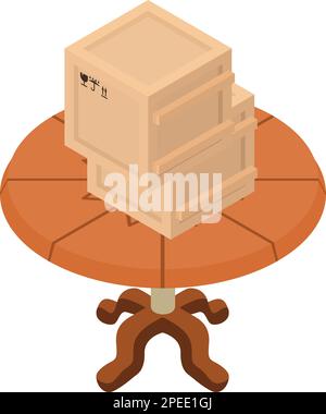 New furniture icon isometric vector. Two closed parcel box on round wooden table. Post delivery concept Stock Vector