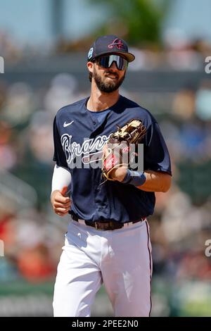 March 15, 2023, North Port FL USA; Atlanta Braves shortstop Braden Shewmake (65) heads to the dugout during an MLB spring training game against the Ho Stock Photo