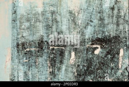 Cyan and black weathered painted wall background. Abstract textured blue backdrop with stains and cracks Stock Photo