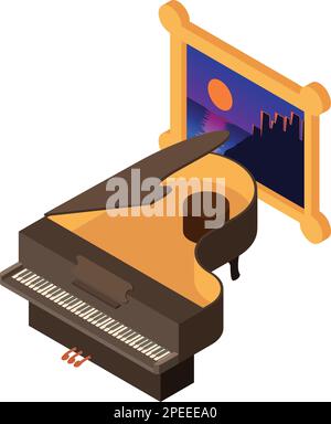 Grand piano icon isometric vector. Keyboard music instrument next to painting. Music and art concept Stock Vector