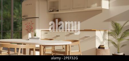 Empty space on minimal beautiful dining table in minimal Scandinavian kitchen with kitchen appliances. 3d render, 3d illustration Stock Photo