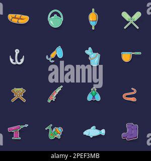 Fishing icons set stikers collection vector with shadow on purple background Stock Vector