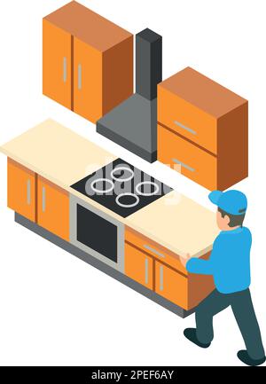 Kitchen assembly icon isometric vector. Furniture assembler near builtin kitchen. New furniture, renovation concept Stock Vector