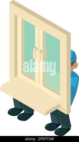 Window installation icon isometric vector. Worker carry window for installation. Repair and construction concept Stock Vector