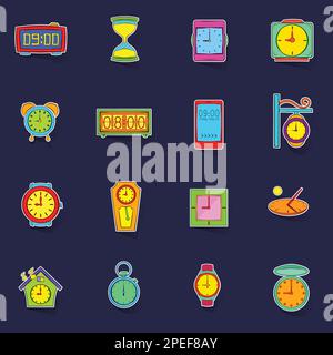 Time and Clock icons set stikers collection vector with shadow on purple background Stock Vector