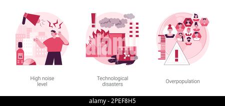 Human factors abstract concept vector illustration set. High noise level, technological disasters, industrial accident, human overpopulation, urban population growth, environment abstract metaphor. Stock Vector