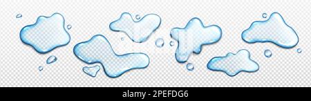Realistic set of water puddles isolated on transparent background. Vector illustration of blue liquid splashes, abstract wet spills, cosmetic gel blobs, rain drops top view on surface. Design elements Stock Vector