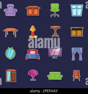 Furniture icons set stikers collection vector with shadow on purple background Stock Vector