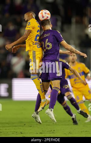 Orlando, Florida, USA. March 15, 2023: Orlando City defender MICHAEL HALLIDAY (26) gets a header against Tigres UANL forward LUIS QUIÃ‘ONES (23) during the 2023 Scotiabank CONCACAF Champions League Orlando City vs Tigers UANL soccer match at Exploria Stadium in Orlando, Fl on March 15, 2023. (Credit Image: © Cory Knowlton/ZUMA Press Wire) EDITORIAL USAGE ONLY! Not for Commercial USAGE! Credit: ZUMA Press, Inc./Alamy Live News Stock Photo