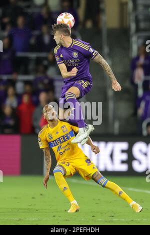 Orlando, Florida, USA. March 15, 2023: Orlando City defender MICHAEL HALLIDAY (26) gets a header during the 2023 Scotiabank CONCACAF Champions League Orlando City vs Tigers UANL soccer match at Exploria Stadium in Orlando, Fl on March 15, 2023. (Credit Image: © Cory Knowlton/ZUMA Press Wire) EDITORIAL USAGE ONLY! Not for Commercial USAGE! Credit: ZUMA Press, Inc./Alamy Live News Stock Photo
