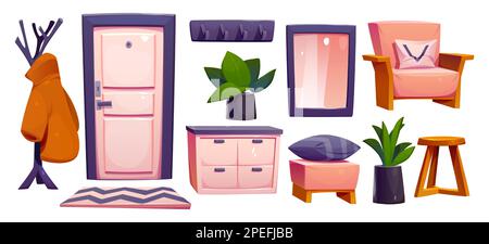 Isolated empty home hall vector interior set with entrance door. Cozy apartment hallway furniture with wooden chair, mirror and pouf. Contemporary house or flat clean lobby png antechamber object. Stock Vector