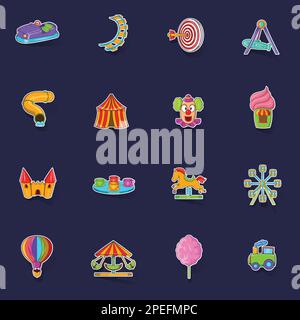 Amusement Park icons set stikers collection vector with shadow on purple background Stock Vector