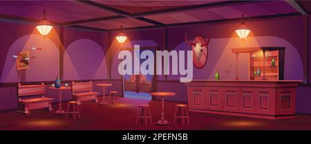 Wild west pub interior with furniture and decor. Vector cartoon illustration of cowboy saloon at night, old wooden tables, stools and bar counter, alcohol bottles and glasses on shelves, evening light Stock Vector