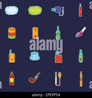 Electronic cigarettes icons set stikers collection vector with shadow on purple background Stock Vector