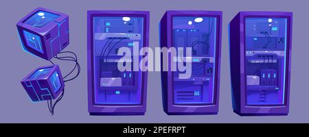 Data servers room, database storage and network communication. Concept of digital technologies, blockchain and web communication system, vector cartoon illustration Stock Vector
