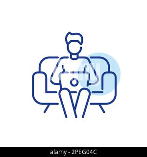 Guy sitting on a sofa with a computer. Working from home freelance office. Pixel perfect, editable stroke line icon Stock Vector