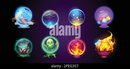 Cartoon set of magic fortune telling crystal balls on dark background. Vector illustration of neon color witchcraft energy spheres with lightning, meteor shower, gemstones, skull, fire, tree inside Stock Vector