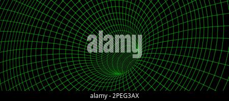 Green wireframe wormhole on black, 3d funnel or portal. Graphic illusion of grid hole, line warp, abstract geometric mesh vector illustration on dark background Stock Vector