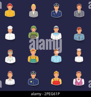 Professions icons set stikers collection vector with shadow on purple background Stock Vector