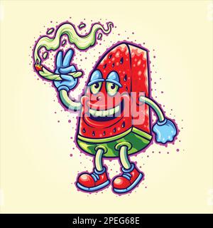 Funny smoking marijuana bud watermelon fruit logo illustrations vector illustrations for your work logo, merchandise t-shirt, stickers and label desig Stock Vector