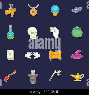 Cartoon magic icons set stikers collection vector with shadow on purple background Stock Vector